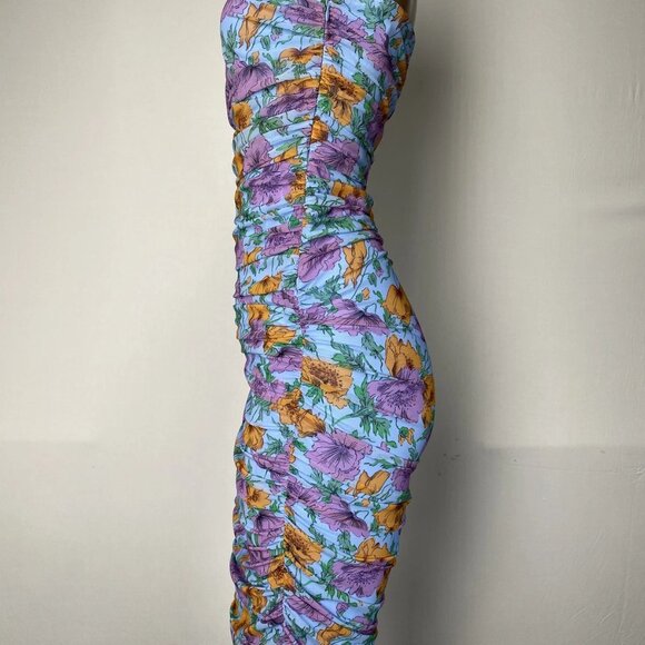 Veronica Beard Floral Ruched Strapless Midi Dress • Size 0 • Blue - Picture 6 of 8